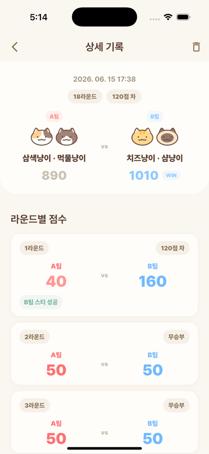냥냥티츄 상세 기록 화면