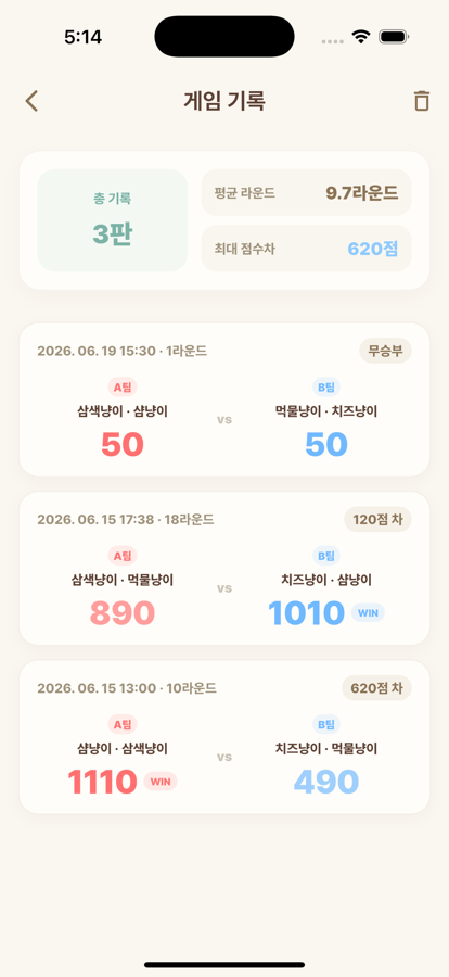 냥냥티츄 게임 기록 화면